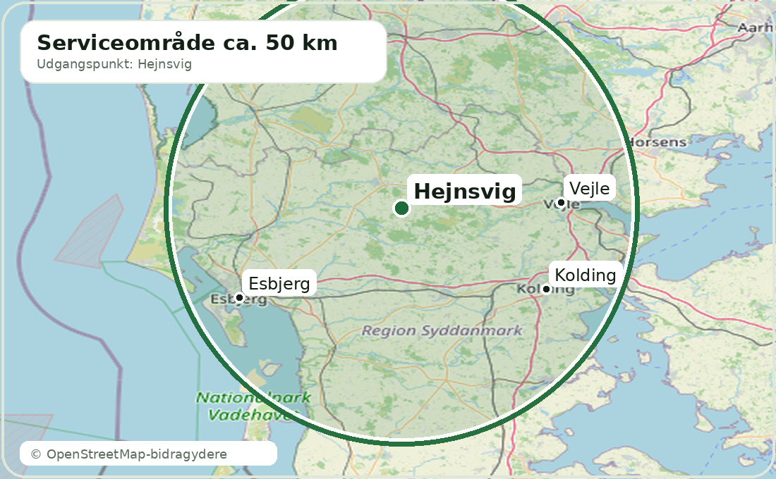 Kort over serviceområde i Jylland med cirkel omkring Hejnsvig